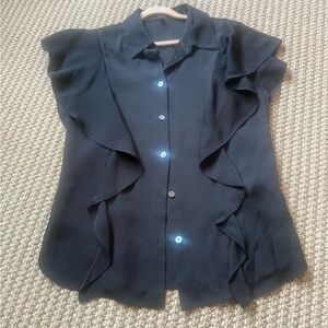 Theory Black Ruffle Blouse sz P 100% silk